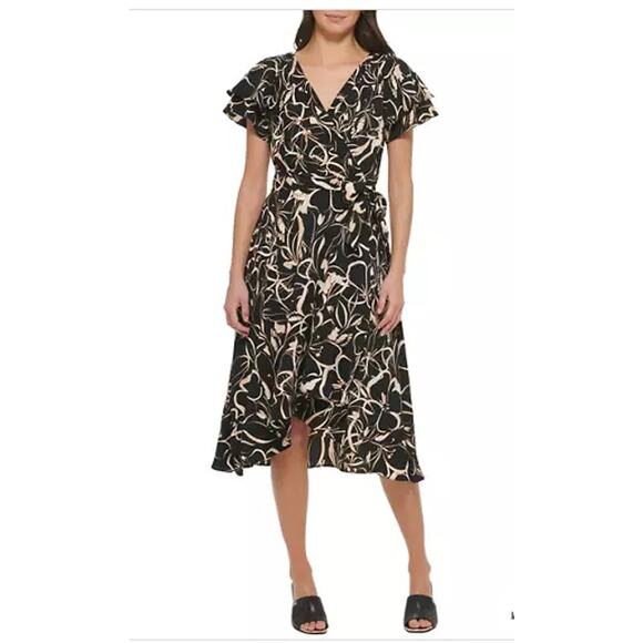 DKNY Women's Flutter Sleeve Printed Fit and Flare‎ Dress Size 2 - Picture 2 of 6